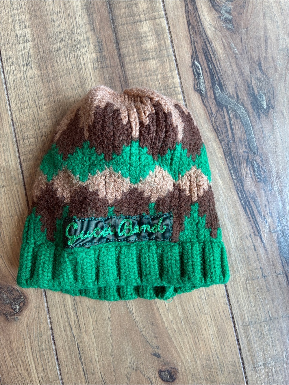 Gucci Green Brown Tan Knit Logo Beanie